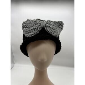 womens woven knit black and gray bow hat cap beanie feminine winter XS/S